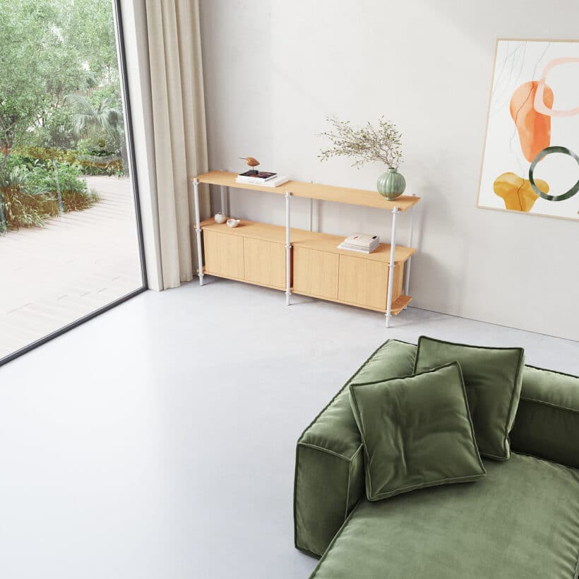 Een modulaire Dressoir die zich makkelijk aanpast aan de ruimte en het doel waarvoor je het wenst. Een dressoir om mee te pronken in al zijn schoonheid. Mödula is gecreëerd met het doel om ronde buizen te combineren met een simplistische montage en demontage mogelijkheden. Het kastelement kan je op elke gewenste plank plaatsen (mits het tussen twee legplanken ligt. In elk systeem hoort een kastelement dit zorgt ervoor dat het een stabiele constructie blijft.